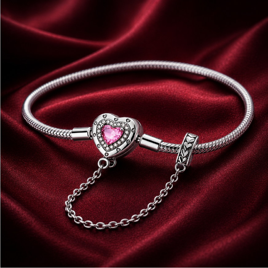 Vòng tay bạc 925 charm trái tim đá hồng – Một cảm xúc được giữ lại