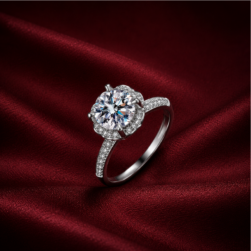 Nhẫn nữ moissanite bạc s925 cao cấp dáng mềm halo, thanh lịch