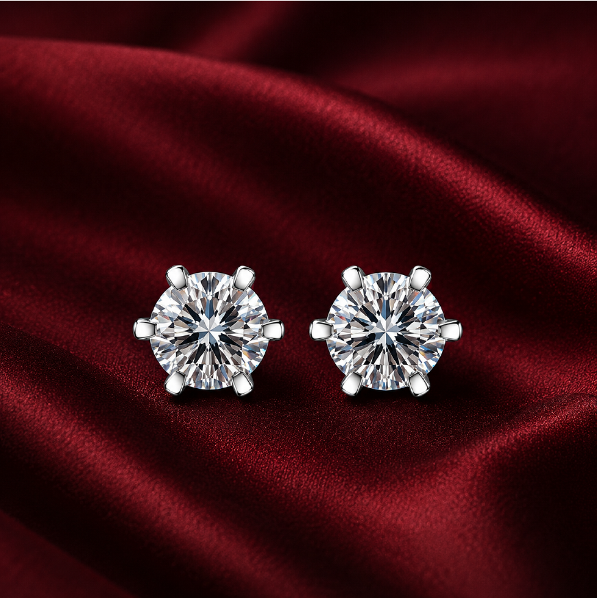 Bông tai bạc 925 đính moissanite – dáng nụ tròn chấu 6 cổ điển