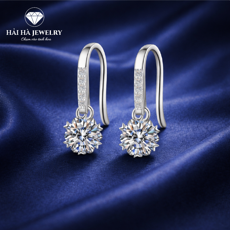 Bông tai bạc 925 đính moissanite – dáng móc treo thanh mảnh