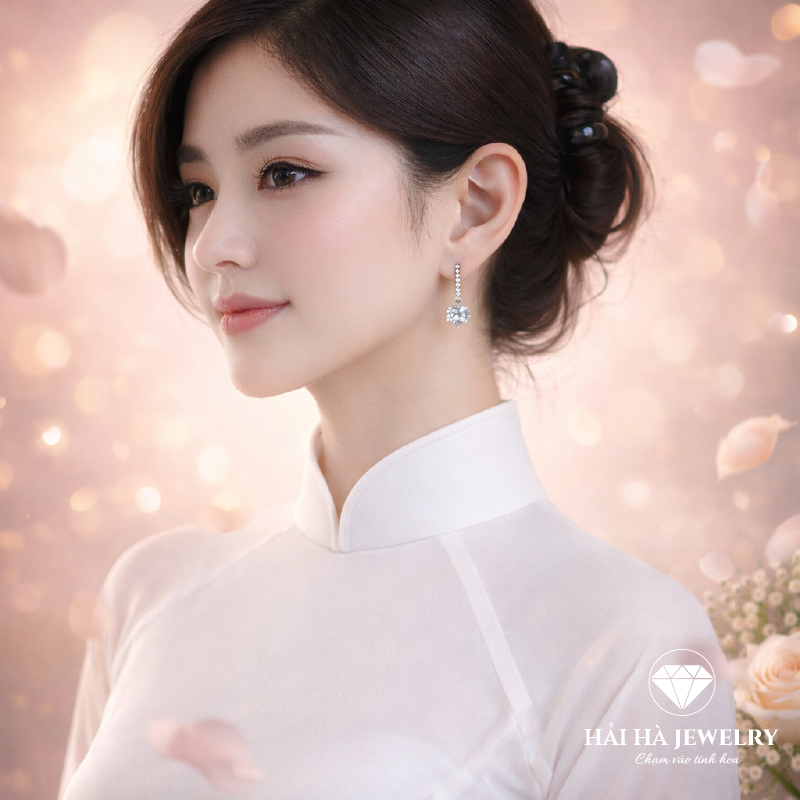 Bông tai bạc 925 đính moissanite – dáng móc treo thanh mảnh