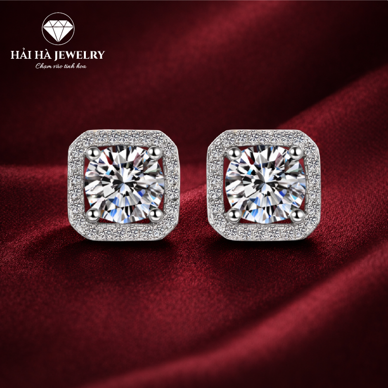 Bông tai bạc 925 đính moissanite 0,5 carat – dáng vuông bo góc viền pavé