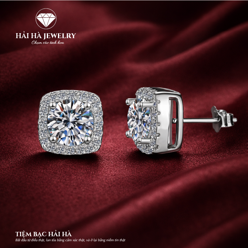 Bông tai bạc 925 đính moissanite 1 carat – dáng vuông bo góc viền pavé