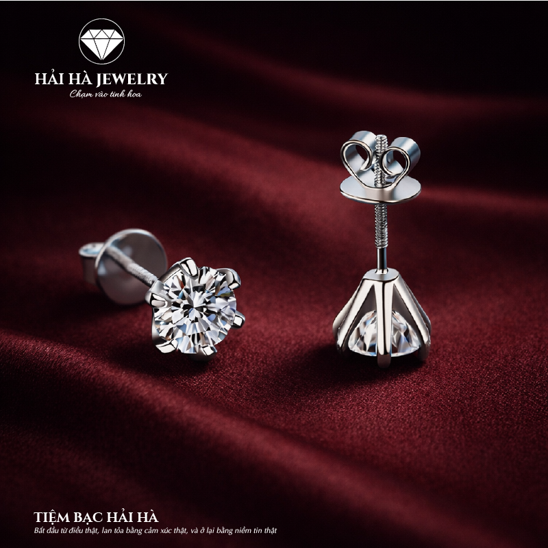 Bông tai bạc 925 đính moissanite – dáng nụ tròn chấu 6 cổ điển