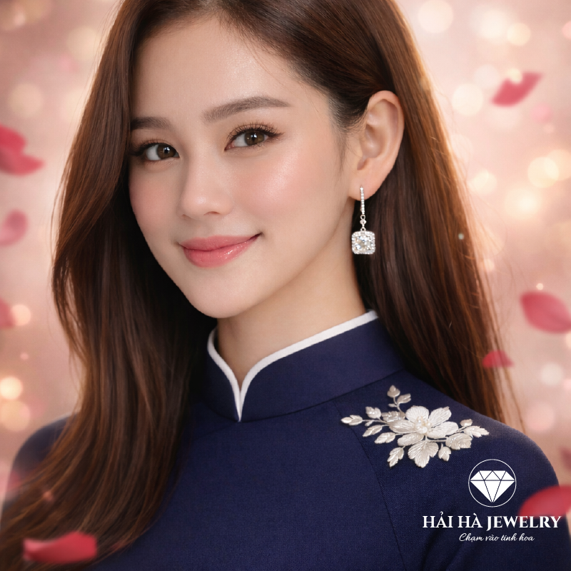 Bông tai nữ bạc 925 đính moissanite – dáng thả vuông, ánh sáng gọn gàng và thanh lịch