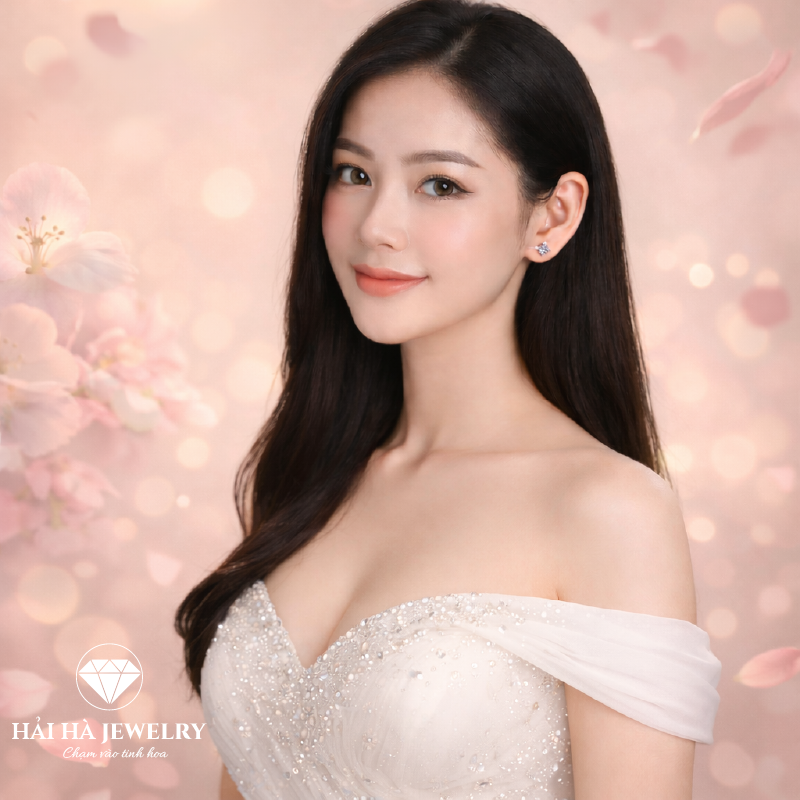 Bông tai bạc 925 đính moissanite dáng hoa – viên trung tâm tròn, ánh sáng dịu | Hải Hà Jewelry