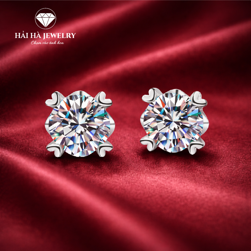 Bông tai bạc 925 đính moissanite 0,5 carat dáng nụ – viên trung tâm tròn, nhẹ tai | Hải Hà Jewelry