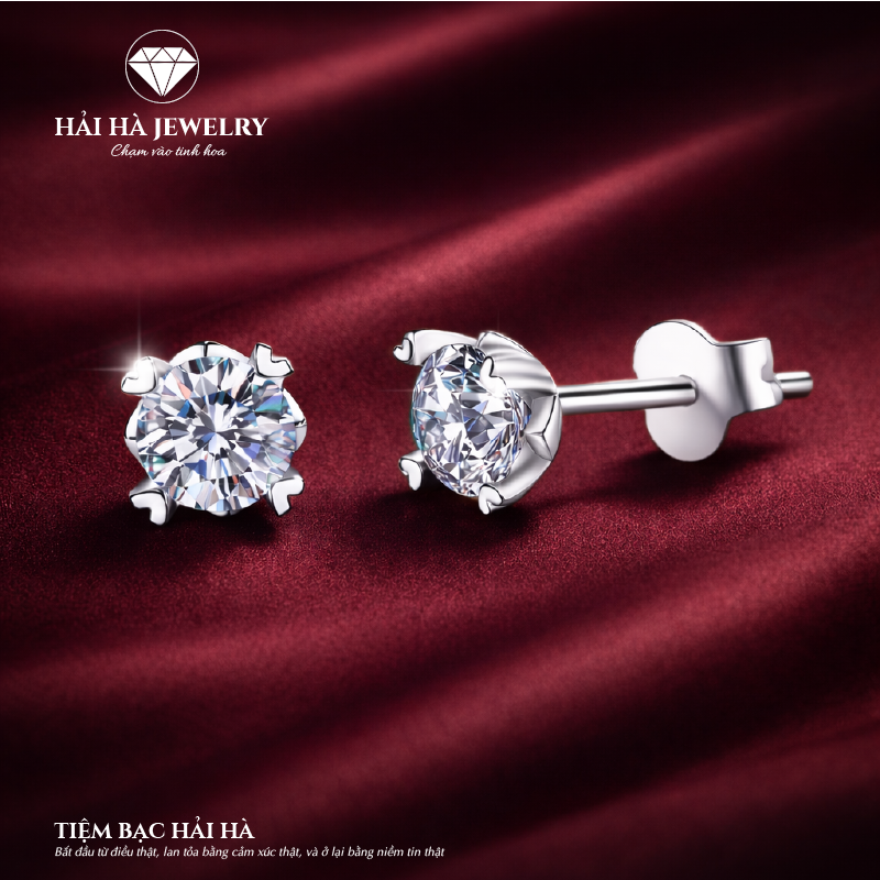Bông tai bạc 925 đính moissanite 0,3 carat dáng nụ – viên trung tâm tròn, nhẹ tai | Hải Hà Jewelry