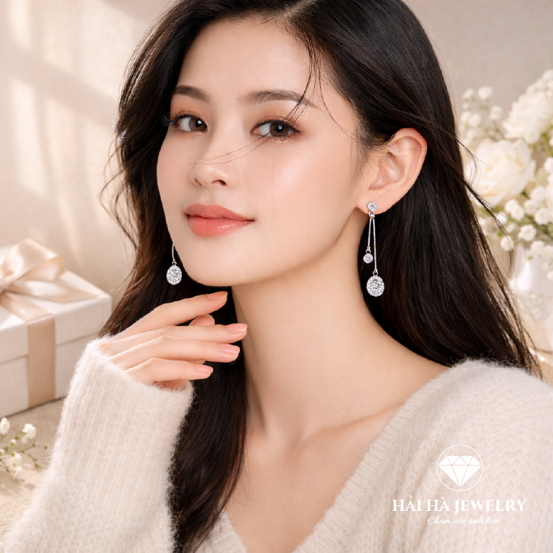 Bông tai bạc 925 đính moissanite dáng thả – chuyển động nhẹ, viên tròn tinh tế | Hải Hà Jewelry