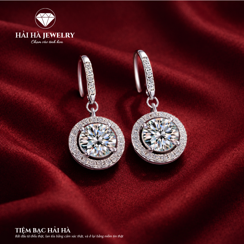 Bông tai bạc 925 đính moissanite dáng tròn treo – ánh sáng tròn đầy, đeo nhẹ | Hải Hà Jewelry