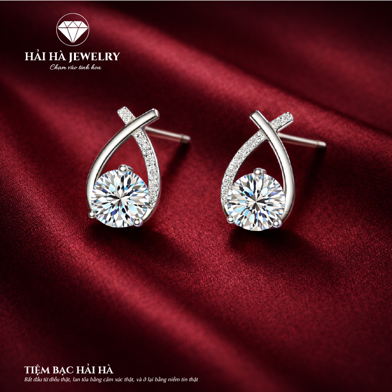 Bông tai bạc 925 đính moissanite 1 carat – dáng xoắn cong thanh thoát