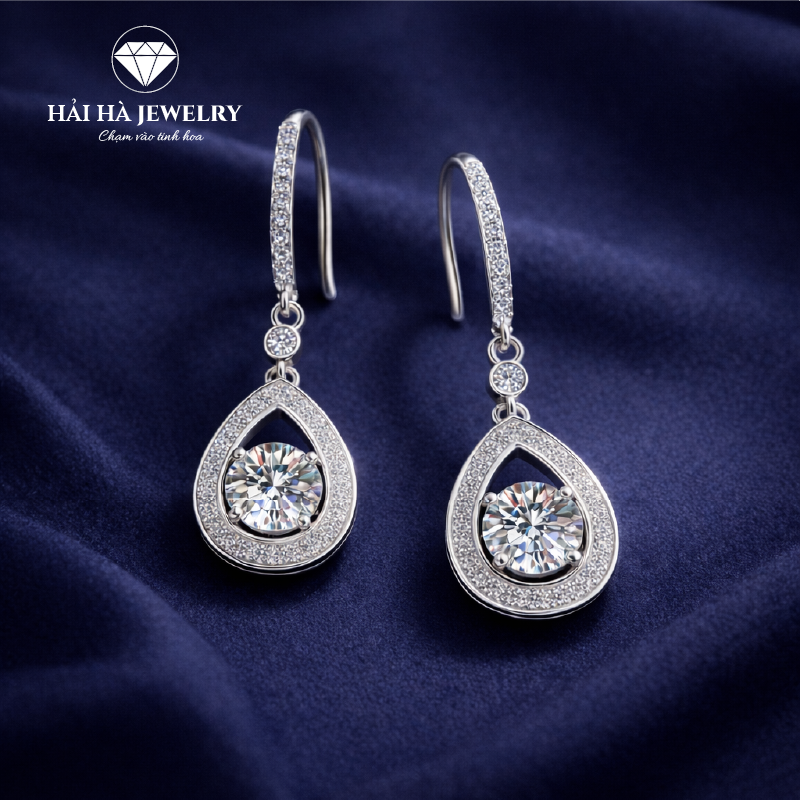 Bông tai bạc 925 đính moissanite 1 carat – dáng giọt nước treo thanh thoát