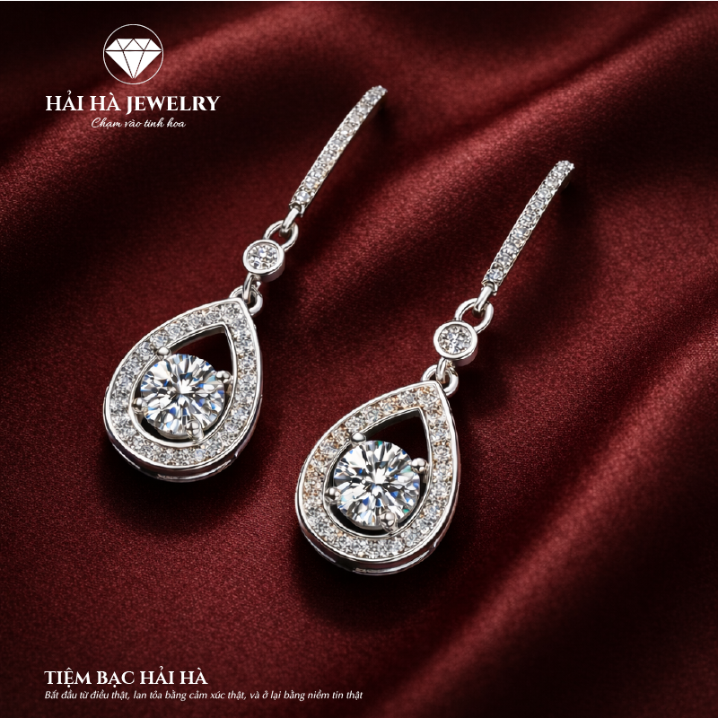 Bông tai bạc 925 đính moissanite 0,5 carat – dáng giọt nước treo thanh thoát