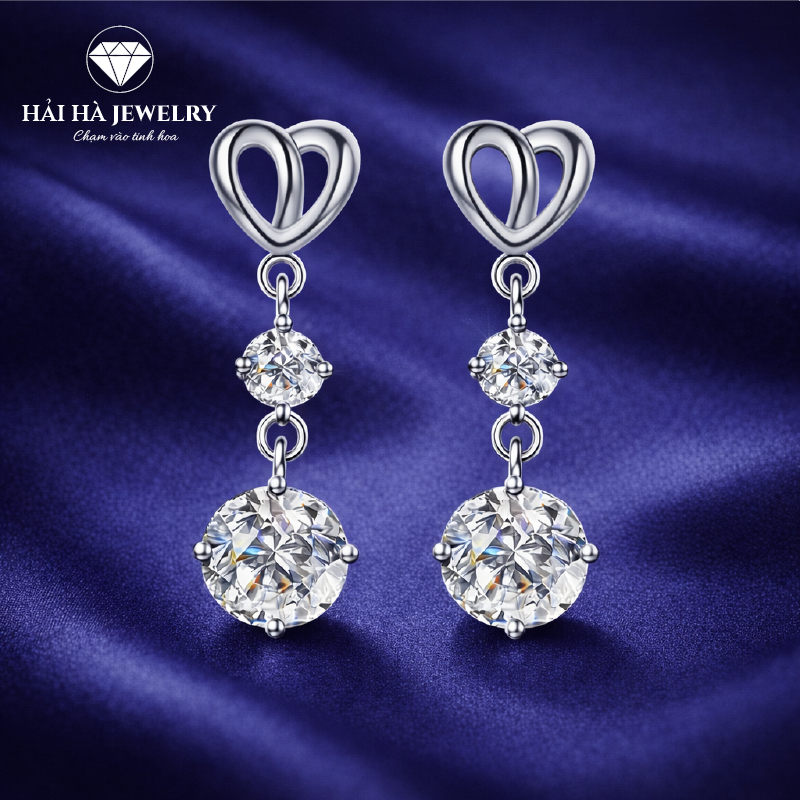 Bông tai bạc 925 đính moissanite 0,5 carat – dáng tròn treo hai tầng