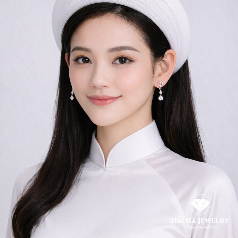Bông tai bạc 925 đính moissanite 0,5 carat – dáng tròn treo hai tầng