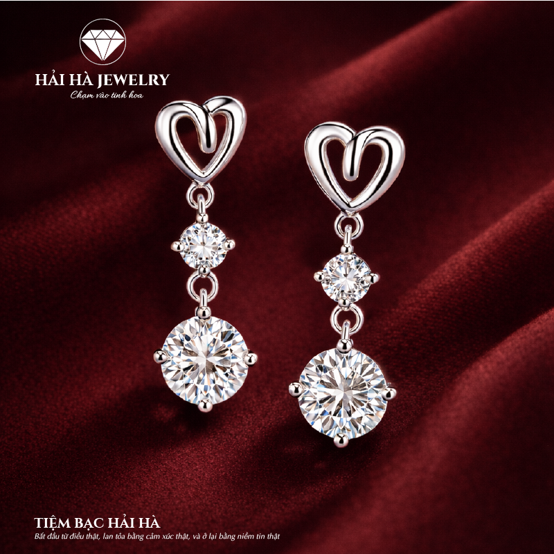 Bông tai bạc 925 đính moissanite 0,5 carat – dáng tròn treo hai tầng