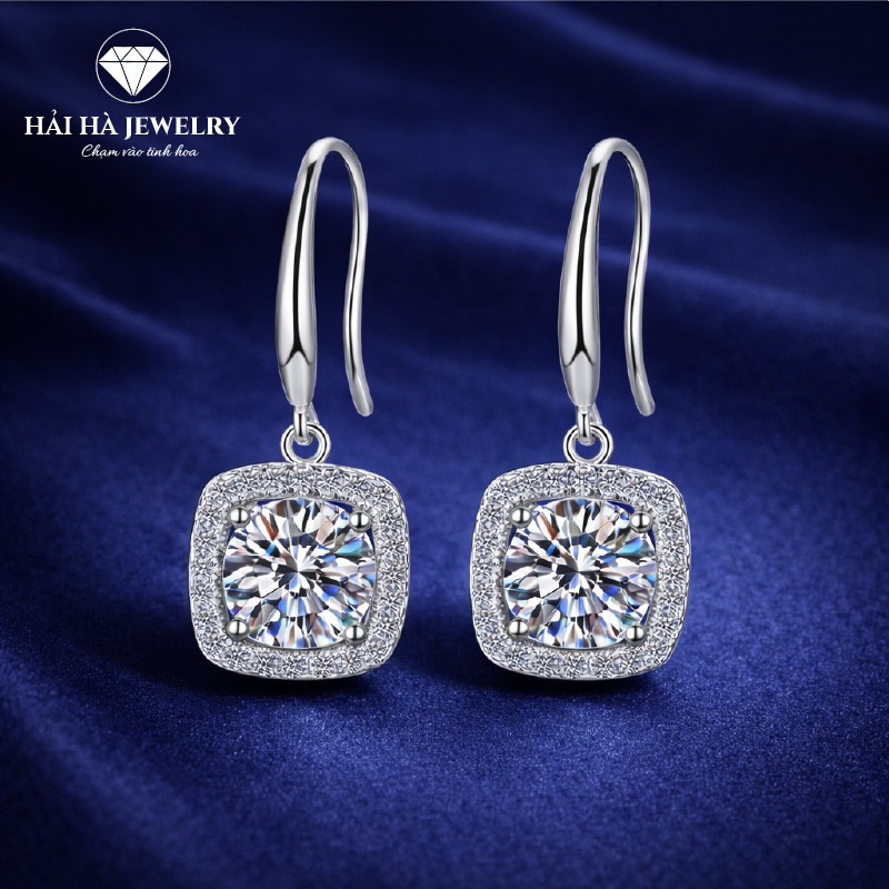 Bông tai bạc 925 đính moissanite 1 carat – dáng vuông treo viền halo