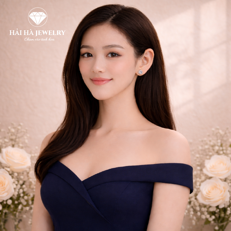 Bông tai bạc 925 đính moissanite – dáng hoa rosette viền halo