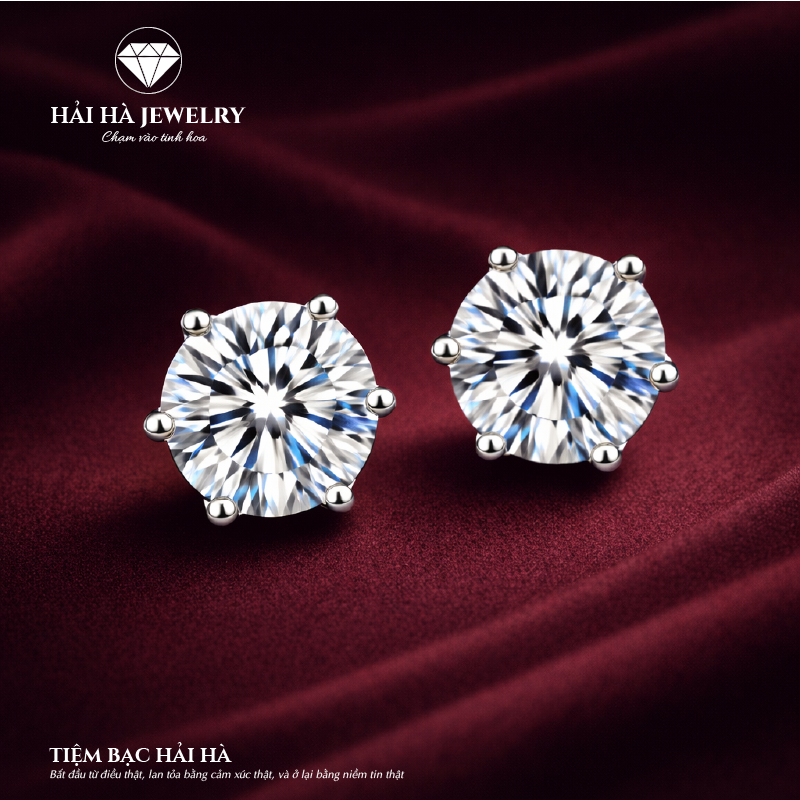 Bông tai bạc 925 đính moissanite – dáng đinh trơn cổ điển