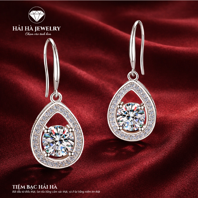 Bông tai bạc 925 đính moissanite – dáng giọt nước rỗng viền pavé