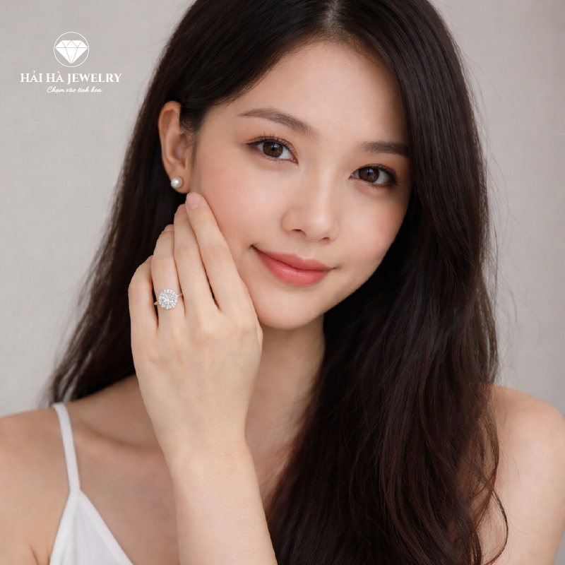 Nhẫn nữ bạc 925 đính moissanite halo – ánh sáng tròn đầy, đeo nhẹ tay