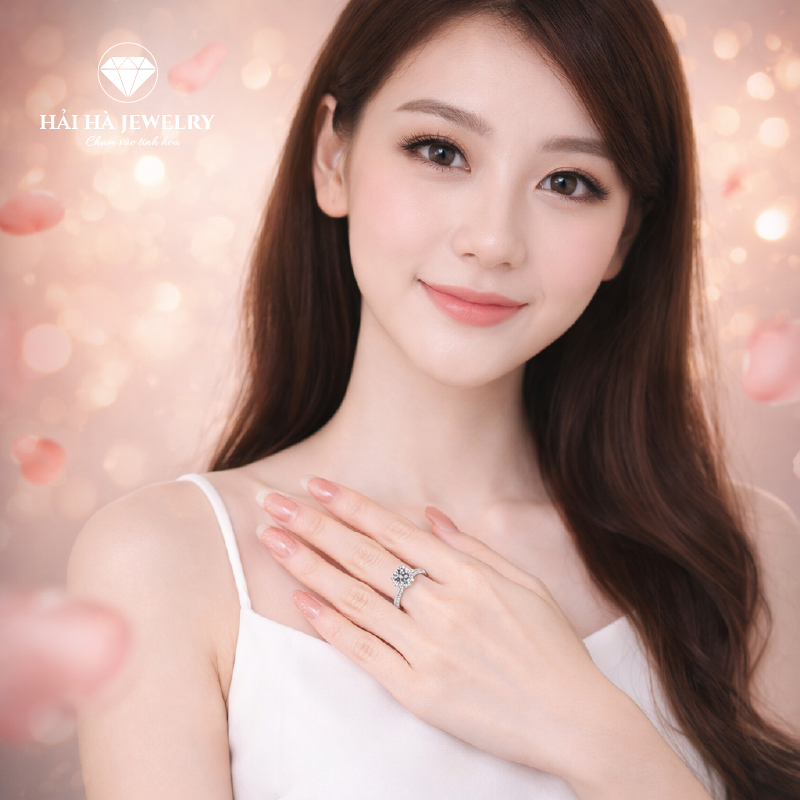 Nhẫn nữ bạc 925 moissanite dáng mềm halo – thanh lịch và êm tay