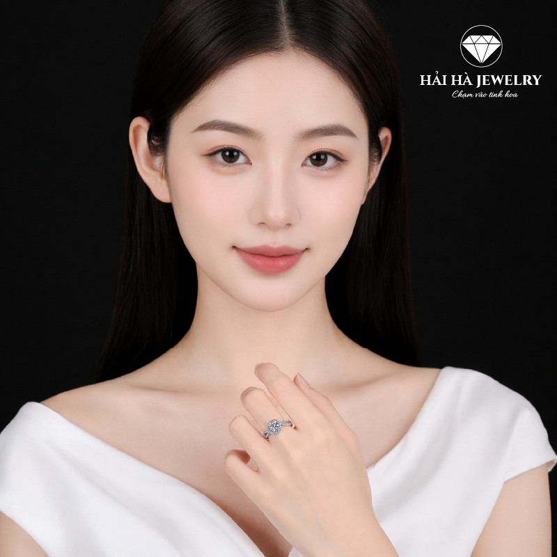Nhẫn nữ bạc 925 moissanite 1 carat hình trái tim – thân xoắn mềm, ánh sáng dịu