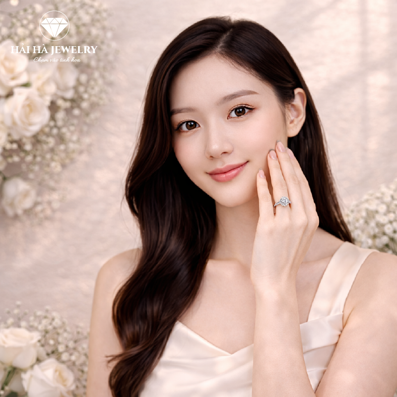 Nhẫn nữ bạc 925 moissanite viền halo tròn – thân nửa đính đá thanh mảnh