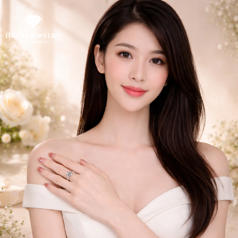 Nhẫn nữ bạc 925 moissanite tròn – thân đính đá tinh giản