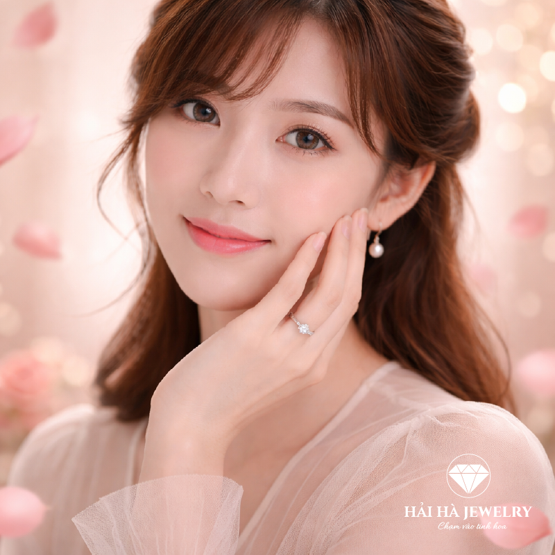 Nhẫn nữ bạc 925 moissanite tròn – thân cong đính đá tinh tế