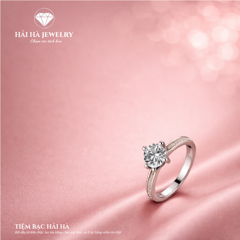 Nhẫn nữ bạc 925 moissanite tròn – thân cong đính đá tinh tế