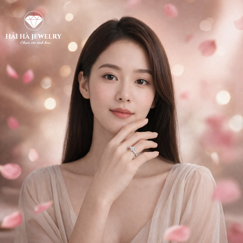 Nhẫn nữ bạc 925 moissanite tròn – thân thẳng đính đá rãnh thanh lịch