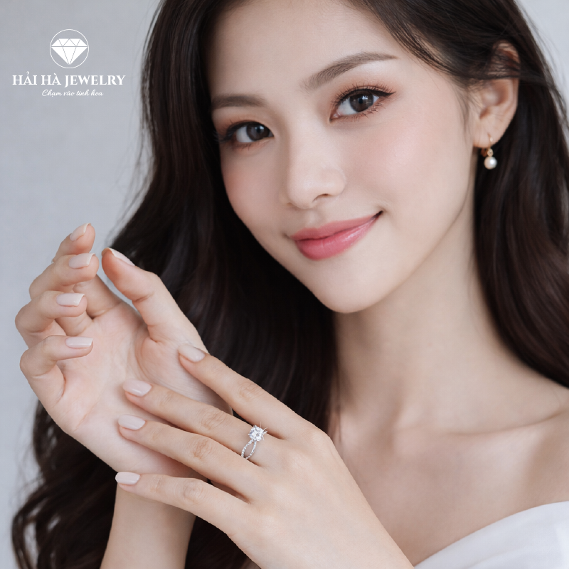 Nhẫn nữ bạc 925 moissanite tròn – thân uốn cong đính đá rãnh mềm mại