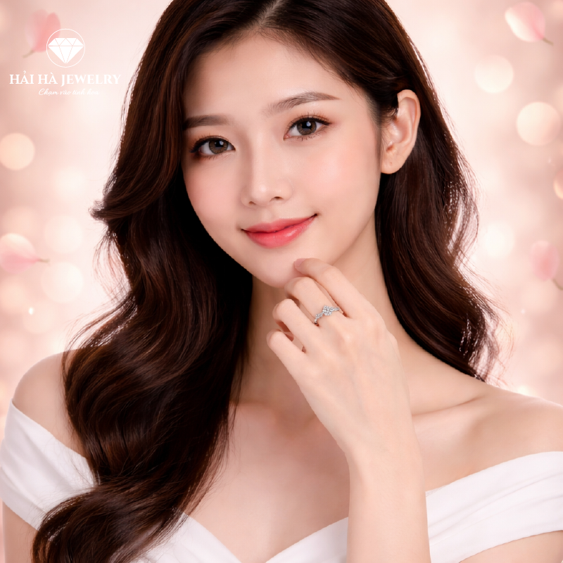 Nhẫn nữ bạc 925 moissanite dáng bất đối xứng – điểm sáng mềm mại, đeo lên tay rất duyên
