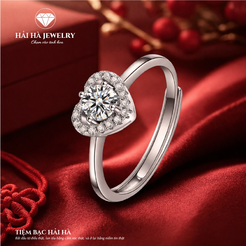 Nhẫn nữ bạc 925 đính moissanite dáng trái tim – viền ôm mềm mại