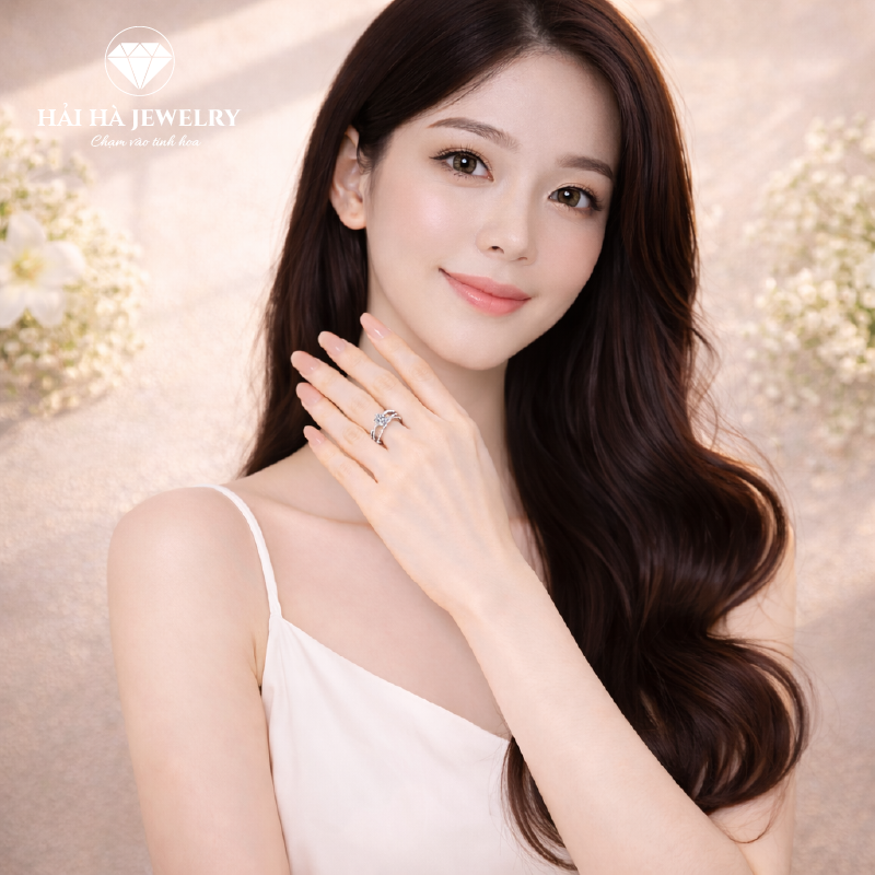 Nhẫn nữ bạc 925 đính moissanite – thiết kế hai vòng ôm tinh tế