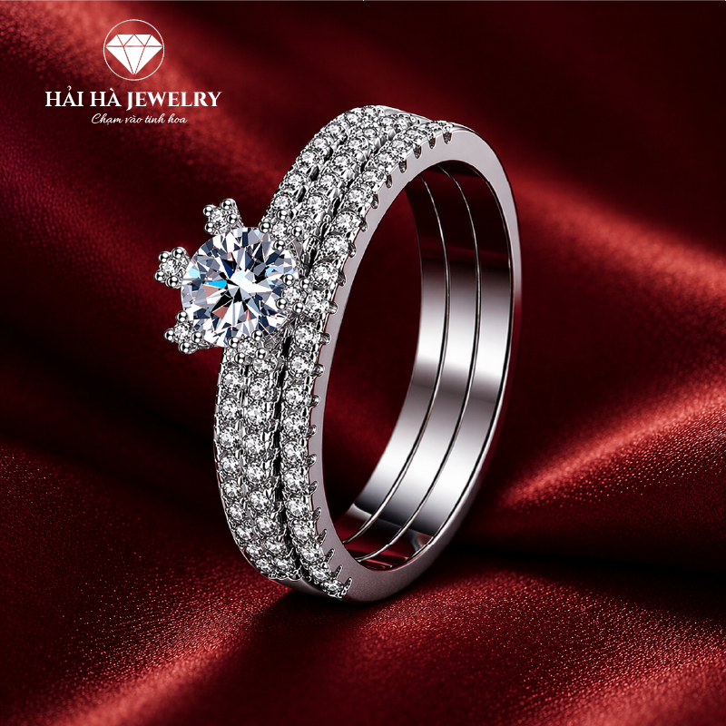 Nhẫn nữ bạc 925 đính moissanite – thân nhẫn pavé nhiều hàng lấp lánh
