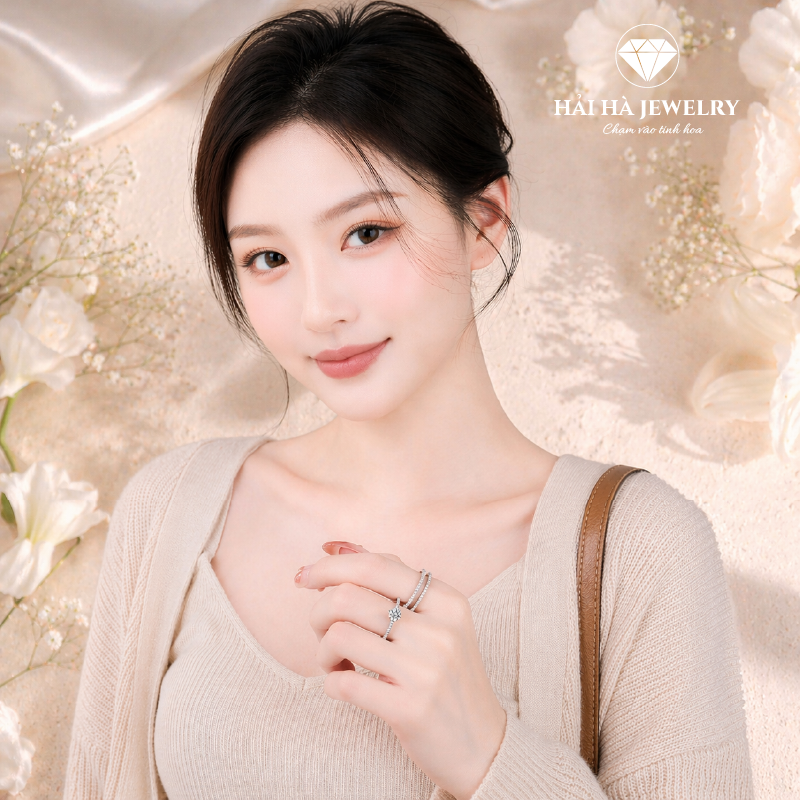 Nhẫn nữ bạc 925 đính moissanite – thân nhẫn pavé nhiều hàng lấp lánh