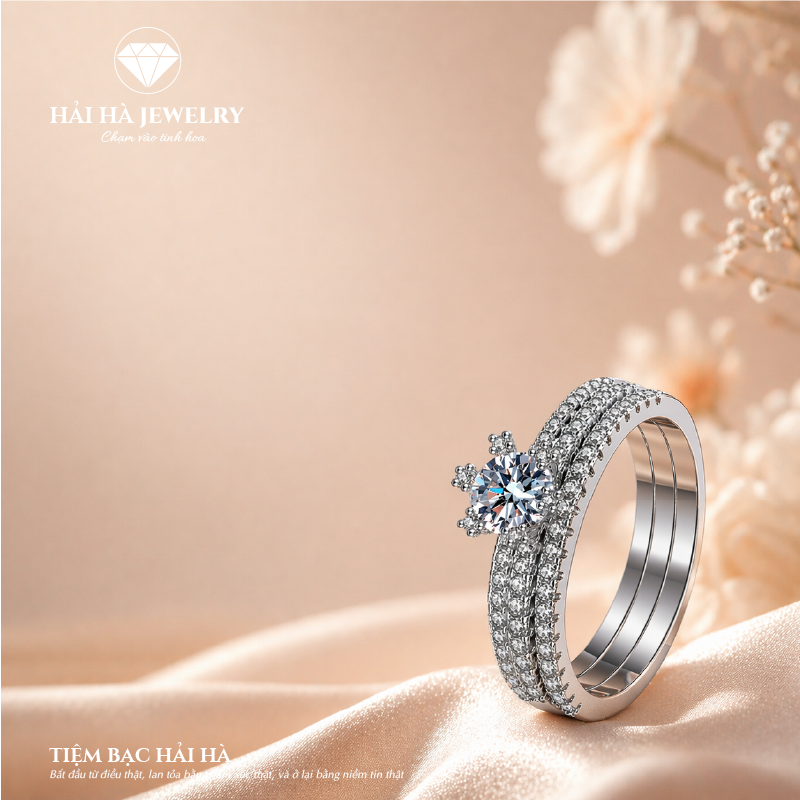 Nhẫn nữ bạc 925 đính moissanite – thân nhẫn pavé nhiều hàng lấp lánh