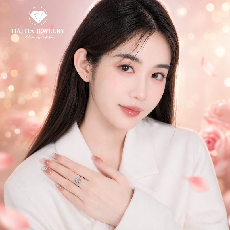 Nhẫn nữ bạc 925 đính moissanite dáng trái tim – halo bao quanh, thân pavé tinh xảo