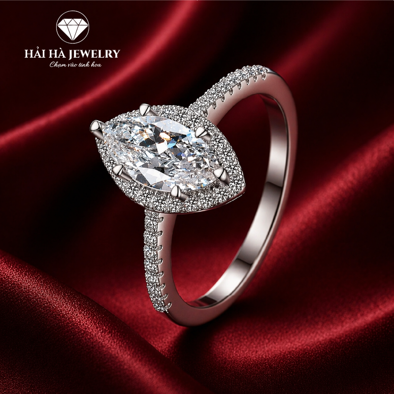 Nhẫn nữ bạc 925 đính moissanite dáng marquise – halo bao quanh, thân nhẫn pavé tinh xảo