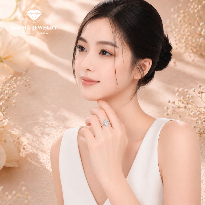 Nhẫn nữ bạc 925 đính moissanite dáng marquise – halo bao quanh, thân nhẫn pavé tinh xảo