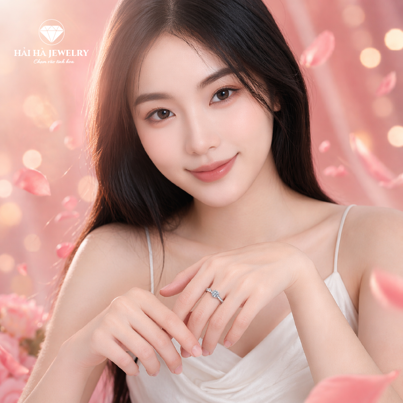 Nhẫn nữ bạc 925 đính moissanite – dáng đan mềm, chạm khắc tinh xảo