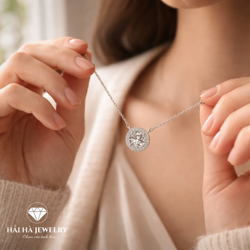 Dây chuyền bạc 925 đính moissanite dáng tròn 2 Carats – ánh sáng cân bằng, dễ đeo mỗi ngày | Hải Hà Jewelry