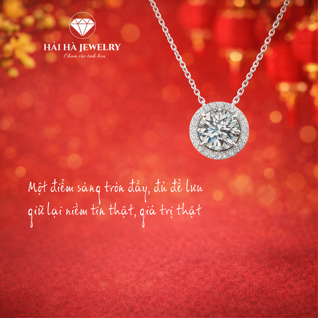 Dây chuyền bạc 925 đính moissanite 1 carat dáng tròn viền halo tinh tế | Hải Hà Jewelry