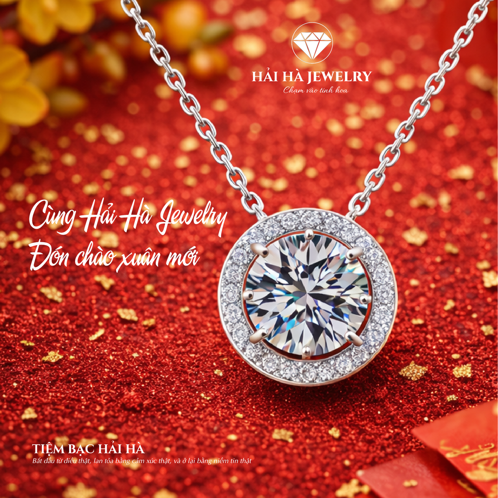 Dây chuyền bạc 925 đính moissanite 1 carat dáng tròn viền halo tinh tế | Hải Hà Jewelry