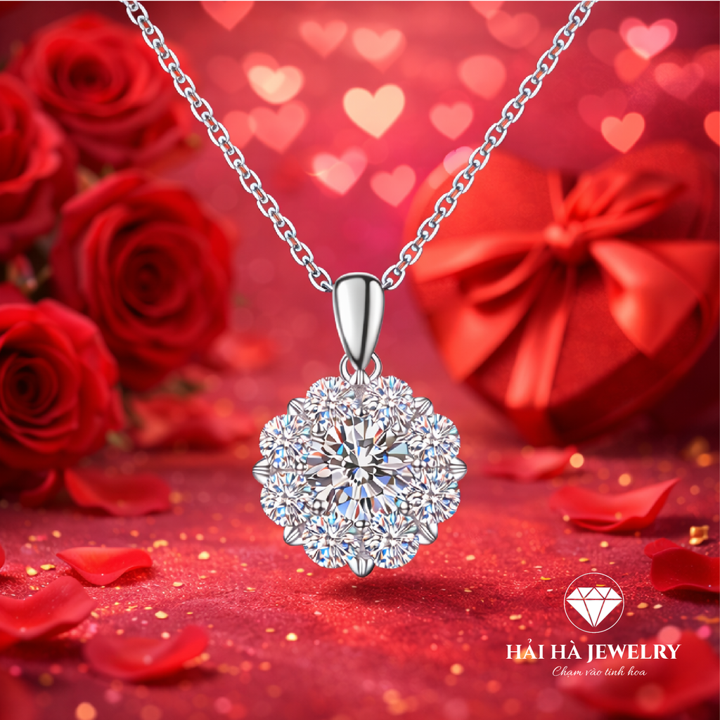 Dây chuyền bạc 925 đính moissanite dáng hoa tinh tế | Hải Hà Jewelry