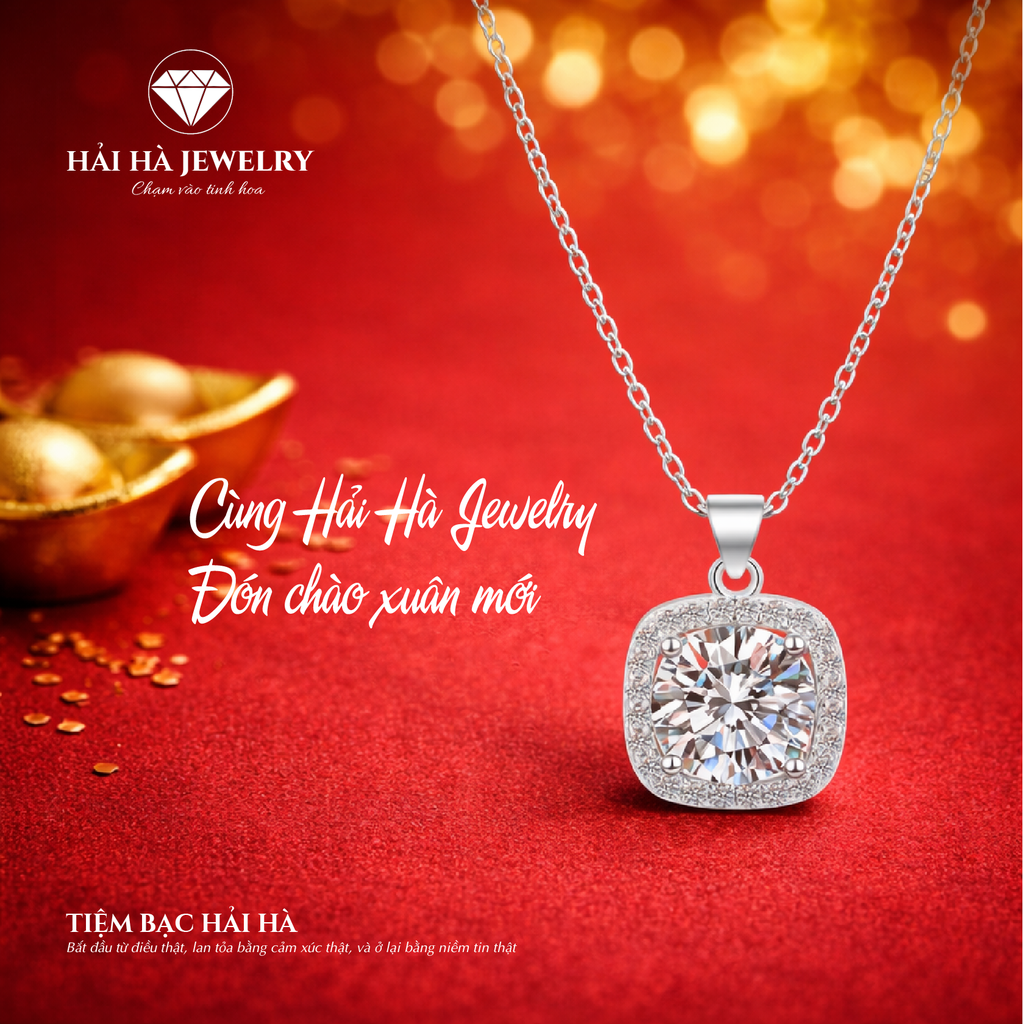 Dây chuyền bạc 925 đính moissanite 1 carat dáng vuông tinh tế | Hải Hà Jewelry