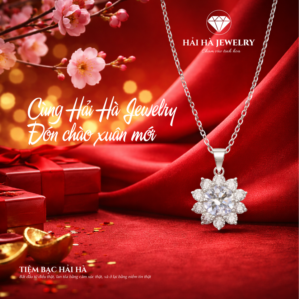 Dây chuyền bạc 925 đính moissanite 1 carat dáng hoa tinh tế | Hải Hà Jewelry