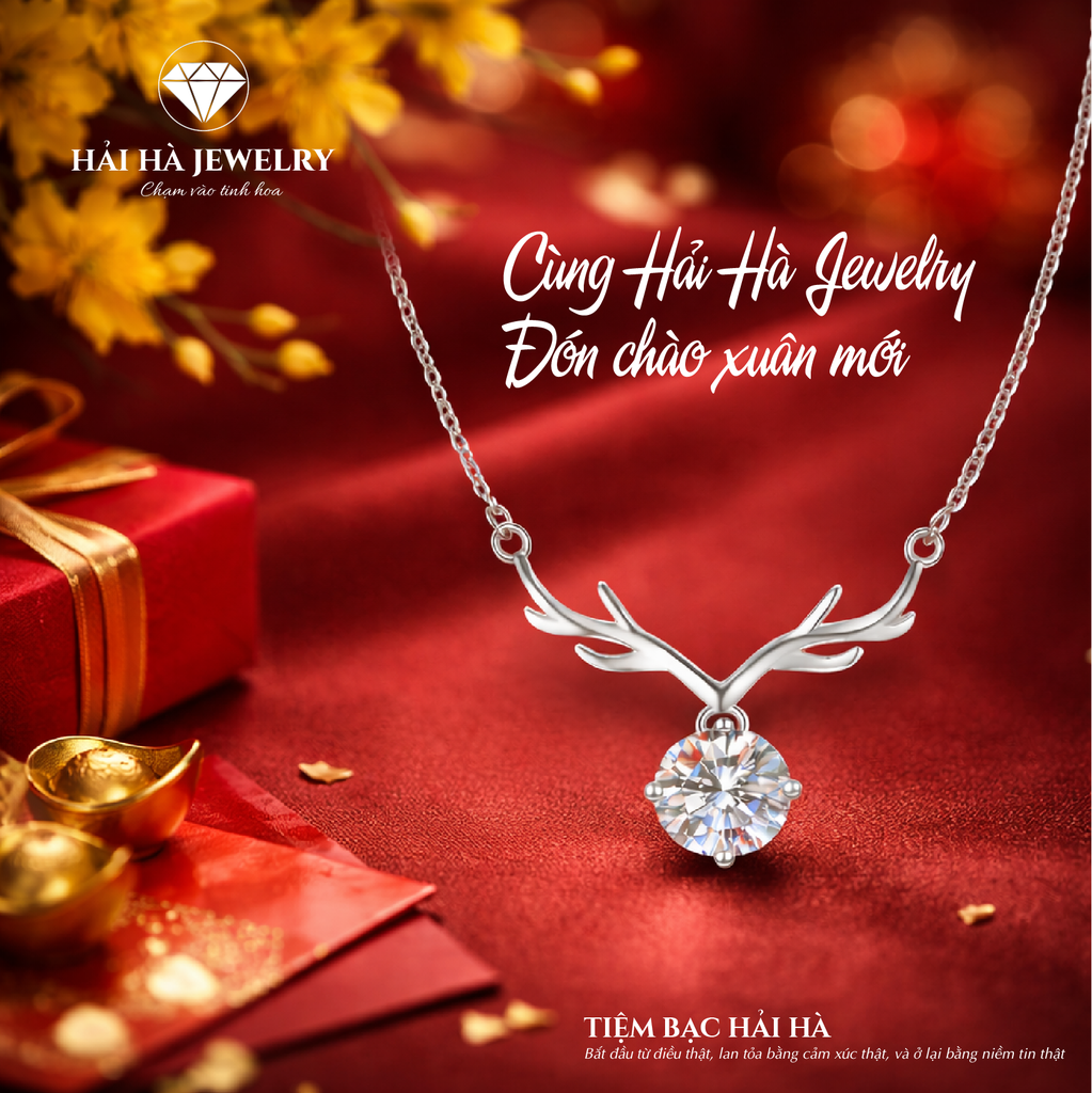 Dây chuyền bạc 925 đính moissanite dáng sừng hươu | Hải Hà Jewelry